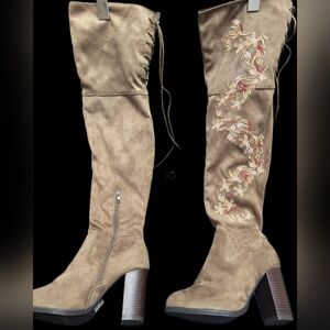 Brown Over The Knee Boots Floral Embroidery Block Heel Lace Back Size 5.5–6